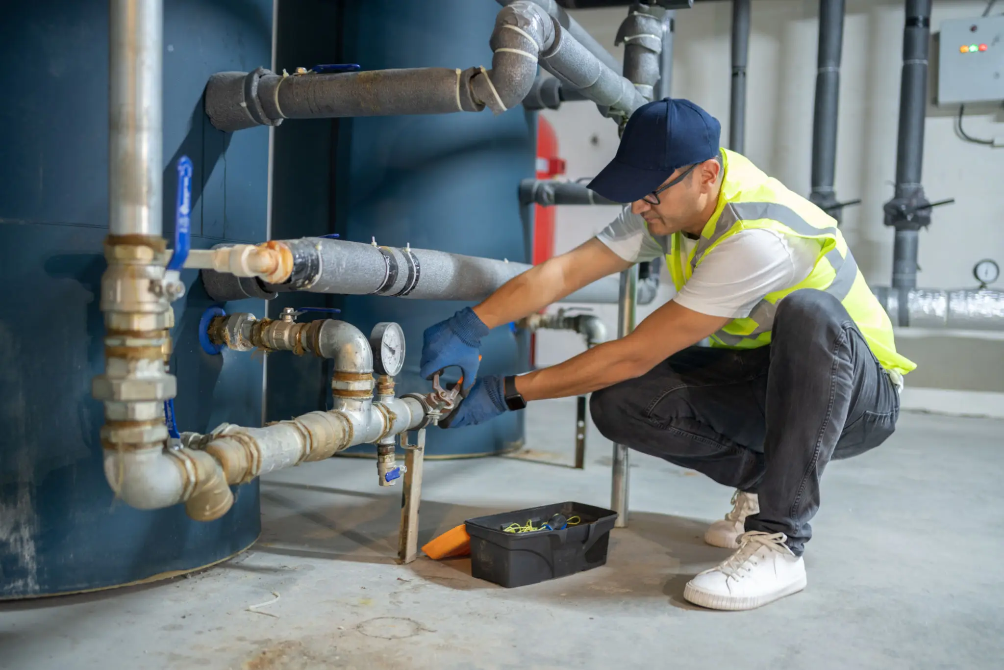 Worker adjusting water valves